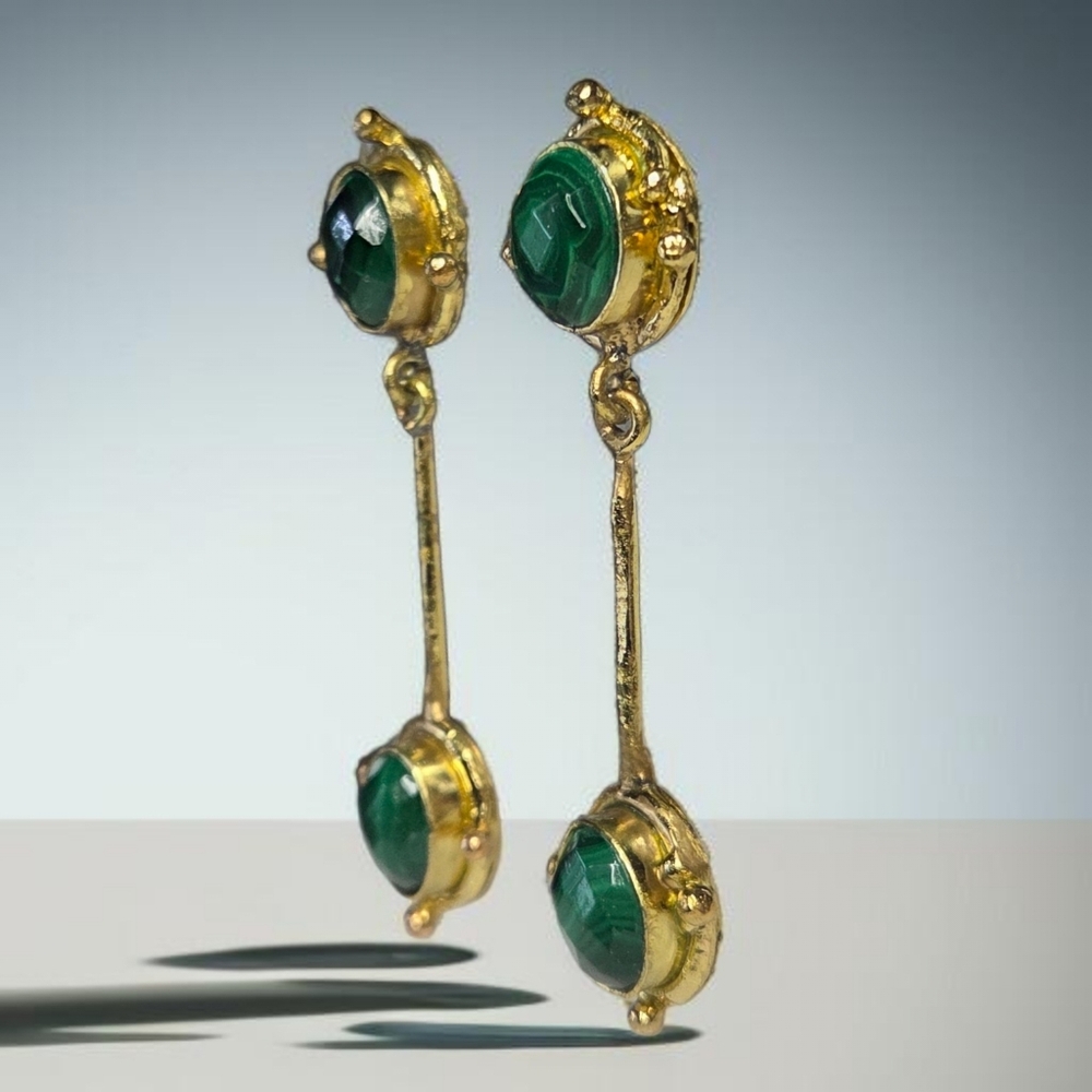 18k Gold Plated Artisan Natural Malachite Stone Drop Dangle Earrings - Picture 3 of 5
